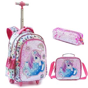 mohco rolling backpack 18 inch for kids wheeled backpack for girls with lunch bag pencil case