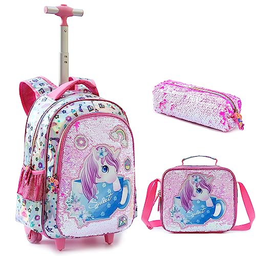 MOHCO Rolling Backpack 18 inch for Kids Wheeled Backpack for Girls with Lunch Bag Pencil Case