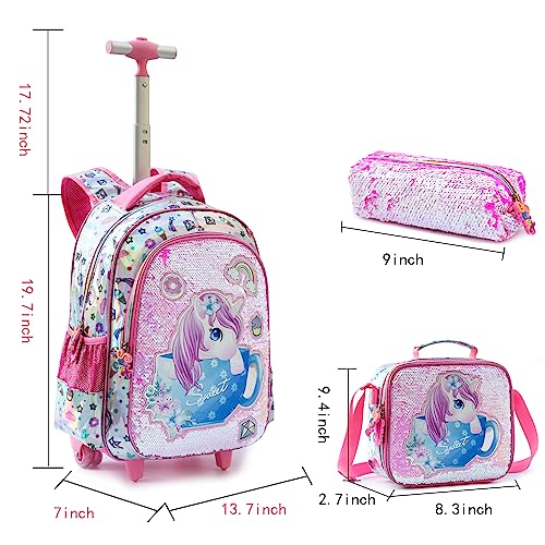 MOHCO Rolling Backpack 18 inch for Kids Wheeled Backpack for Girls with Lunch Bag Pencil Case