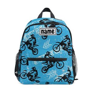 glaphy custom kid's name backpack, motocross sports motorcycle vehicle blue toddler backpack for daycare travel personalized name preschool bookbag for boys girls
