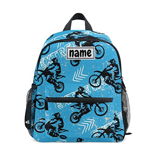 Glaphy Custom Kid's Name Backpack, Motocross Sports Motorcycle Vehicle Blue Toddler Backpack for Daycare Travel Personalized Name Preschool Bookbag for Boys Girls