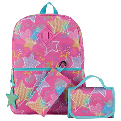 Cudlie 5-Pc Girls Backpack Set w/Lunch Bag, Pencil Case, Carabiner Clip, Keychain - Lightweight Kids Back Pack for School/Travel - Kind Stars/Pink