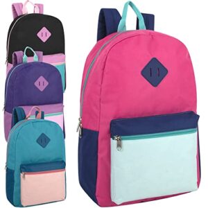 trail maker wholesale backpacks in bulk 24 pack for kids, school, homeless for nonprofit with padded straps (girls color assortment)