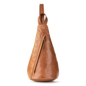 the sak geo sling backpack in leather, convertible design, tobacco
