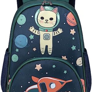 BTOOP Kids Backpack for Preschool Boys Space Kindergarten Bookbag 15 inch Toddler Travel School Bag Fits Age 3-8 (Space cat-Green)