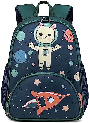 BTOOP Kids Backpack for Preschool Boys Space Kindergarten Bookbag 15 inch Toddler Travel School Bag Fits Age 3-8 (Space cat-Green)