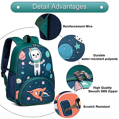 BTOOP Kids Backpack for Preschool Boys Space Kindergarten Bookbag 15 inch Toddler Travel School Bag Fits Age 3-8 (Space cat-Green)