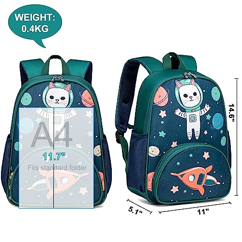 BTOOP Kids Backpack for Preschool Boys Space Kindergarten Bookbag 15 inch Toddler Travel School Bag Fits Age 3-8 (Space cat-Green)