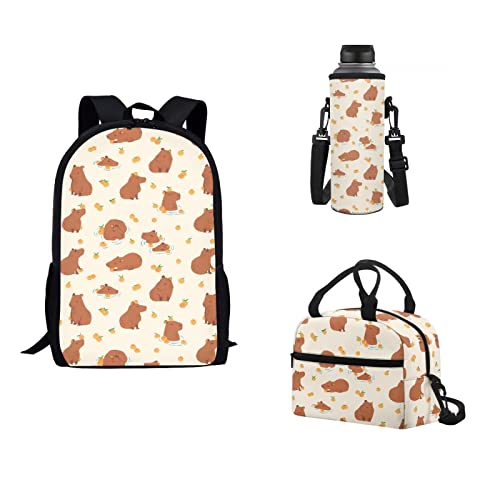 Glomenade Full Set of 3 School Bags for Kids Teenage Student Capybara Backpacks Casual Large Bookbag with Water Bottle Sleeve Insulated Thermal Lunch Bag