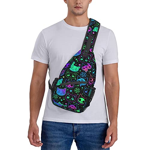 Cartoon Witchcraft Cat Skull Neon Colorful Sling Backpack Crossbody Sling Bag Travel Chest Daypack Hiking Shoulder Bag for Adult Women Men