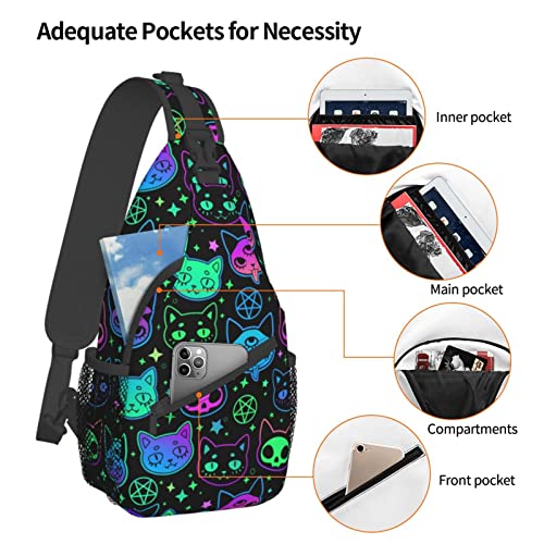 Cartoon Witchcraft Cat Skull Neon Colorful Sling Backpack Crossbody Sling Bag Travel Chest Daypack Hiking Shoulder Bag for Adult Women Men