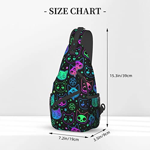 Cartoon Witchcraft Cat Skull Neon Colorful Sling Backpack Crossbody Sling Bag Travel Chest Daypack Hiking Shoulder Bag for Adult Women Men