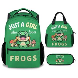 cunexttime frog backpack with lunch box and pencil case, set of 3 cute bookbag for girls boys, lightweight large capacity school bag
