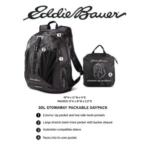 Eddie Bauer Stowaway Packable Backpack 30L with Water Resistant Finish and 2 Mesh Side Pockets, Dark Smoke, One Size