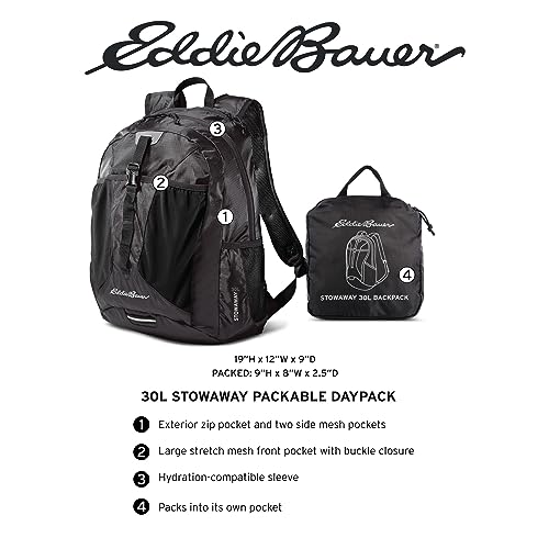 Eddie Bauer Stowaway Packable Backpack 30L with Water Resistant Finish and 2 Mesh Side Pockets, Dark Smoke, One Size