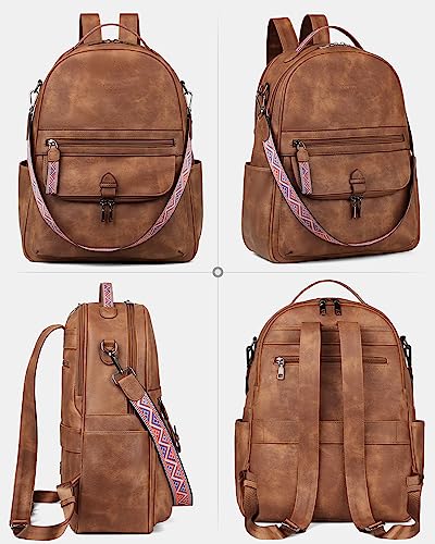 FADEON Leather Laptop Backpack for Women PU Computer Backpacks, Designer Travel Back Pack Purse with Laptop Compartment Brown