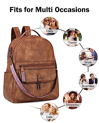 FADEON Leather Laptop Backpack for Women PU Computer Backpacks, Designer Travel Back Pack Purse with Laptop Compartment Brown