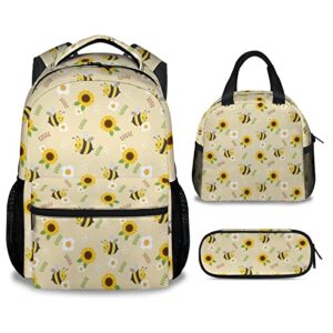 cunexttime bee backpack with lunch box and pencil case, set of 3 cute bookbag for girls boys, lightweight large capacity school bag