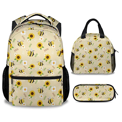 CUNEXTTIME Bee Backpack with Lunch Box And Pencil Case, Set of 3 Cute Bookbag for Girls Boys, Lightweight Large Capacity School Bag