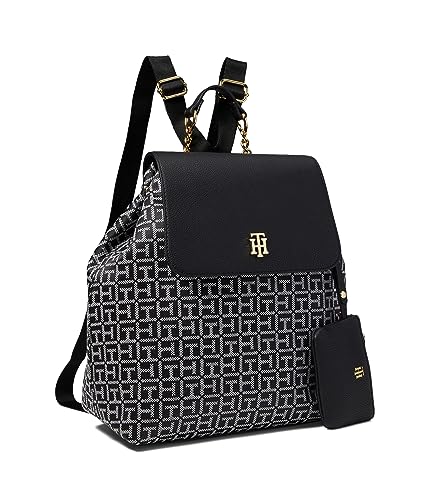 Tommy Hilfiger Maxine II Flap Backpack w/Hangoff Square Monogram Jacquard Black/White One Size