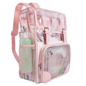chic large clear backpack with reinforced straps heavy-duty, stadium approved, see-through pink black design perfect for girls, school concerts sports events