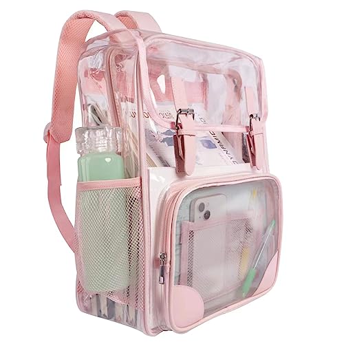 Chic Large Clear Backpack with Reinforced Straps Heavy-Duty, Stadium Approved, See-Through Pink Black Design Perfect for Girls, School Concerts Sports Events