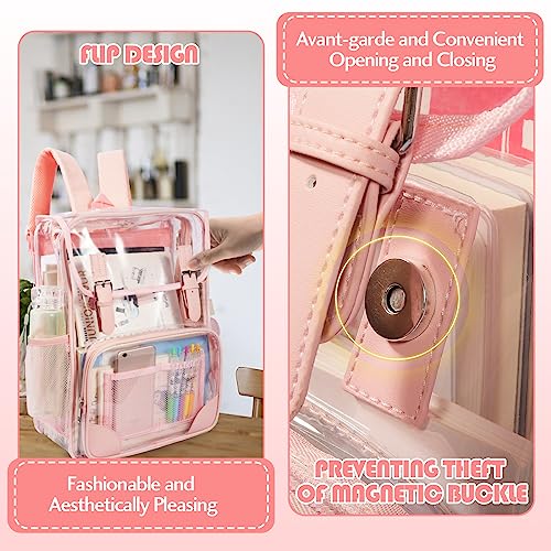 Chic Large Clear Backpack with Reinforced Straps Heavy-Duty, Stadium Approved, See-Through Pink Black Design Perfect for Girls, School Concerts Sports Events