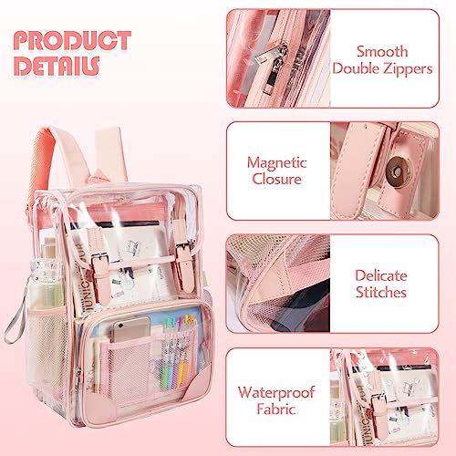 Chic Large Clear Backpack with Reinforced Straps Heavy-Duty, Stadium Approved, See-Through Pink Black Design Perfect for Girls, School Concerts Sports Events