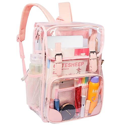 Chic Large Clear Backpack with Reinforced Straps Heavy-Duty, Stadium Approved, See-Through Pink Black Design Perfect for Girls, School Concerts Sports Events