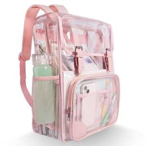 Chic Large Clear Backpack with Reinforced Straps Heavy-Duty, Stadium Approved, See-Through Pink Black Design Perfect for Girls, School Concerts Sports Events