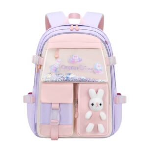 damdos toddler cute backpack kawaii girls bunny school backpack,lightweight refrigerator elementary middle school backpack bookbag,girls backpack with kawaii pin bunny birthday gifts(purple,large)