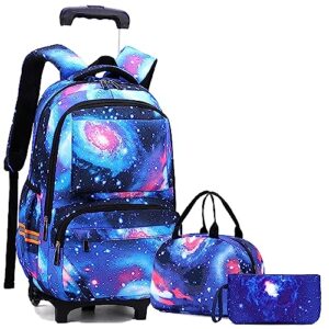 egchescebo 18" school kids rolling backpack for girls with wheels trolley wheeled backpacks for girls students travel bags adults backpack with lunch box pencil bag 3pcs dark blue