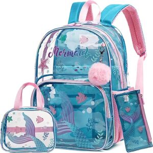 meetbelify mermaid backpack for girls backpack with lunch box set for elementary kindergarten student kids clear school bag for girls