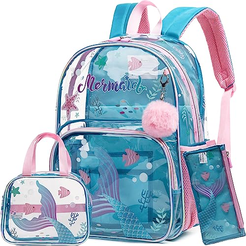 Meetbelify Mermaid Backpack for Girls Backpack with Lunch Box Set for Elementary Kindergarten Student Kids Clear School Bag for Girls