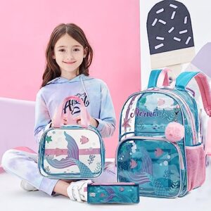 Meetbelify Mermaid Backpack for Girls Backpack with Lunch Box Set for Elementary Kindergarten Student Kids Clear School Bag for Girls