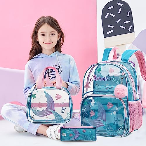 Meetbelify Mermaid Backpack for Girls Backpack with Lunch Box Set for Elementary Kindergarten Student Kids Clear School Bag for Girls