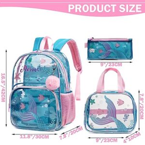 Meetbelify Mermaid Backpack for Girls Backpack with Lunch Box Set for Elementary Kindergarten Student Kids Clear School Bag for Girls