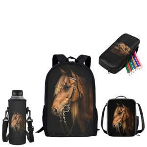 JEOCODY Horse Backpack and Lunch Box for Girls Boys Elementary School Bags with Pencil Case and Bottle Holder for Kindergarten Primary School Bookbag Set of 4