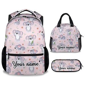 cunexttime custom koala backpack with lunch box and pencil case, set of 3 cute bookbag for girls boys, lightweight large capacity school bag