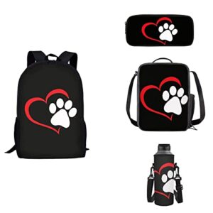 jeocody love paw print kids backpack,school bookbag set with lunch box pencil case and bottle holder for boy and girls set 4 in 1,cartoon dog paw print