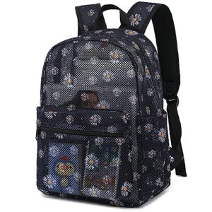 kouxunt daisy mesh backpack for girls women, see through casual school college student bookbag (black)