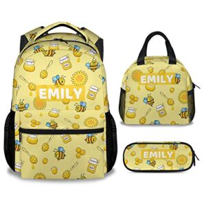 pakkitop custom bee backpack with lunch box and pencil case set, personalized 3 in 1 matching kids girls yellow backpacks combo, cute school bookbag and pencil case bundle