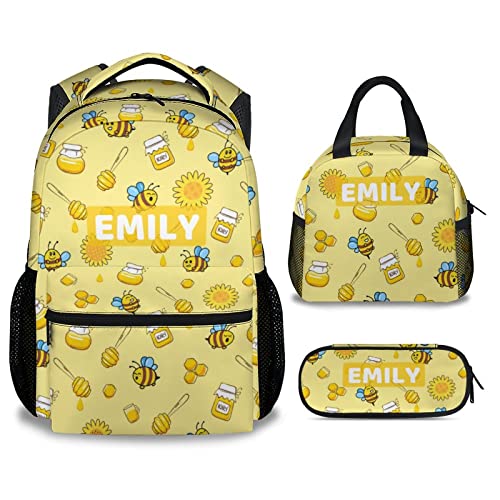 PAKKITOP Custom Bee Backpack with Lunch Box and Pencil Case Set, Personalized 3 in 1 Matching Kids Girls Yellow Backpacks Combo, Cute School Bookbag and Pencil Case Bundle