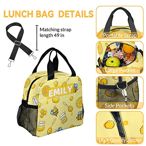 PAKKITOP Custom Bee Backpack with Lunch Box and Pencil Case Set, Personalized 3 in 1 Matching Kids Girls Yellow Backpacks Combo, Cute School Bookbag and Pencil Case Bundle