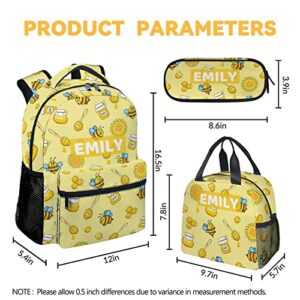 PAKKITOP Custom Bee Backpack with Lunch Box and Pencil Case Set, Personalized 3 in 1 Matching Kids Girls Yellow Backpacks Combo, Cute School Bookbag and Pencil Case Bundle