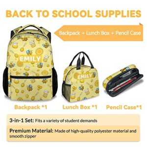 PAKKITOP Custom Bee Backpack with Lunch Box and Pencil Case Set, Personalized 3 in 1 Matching Kids Girls Yellow Backpacks Combo, Cute School Bookbag and Pencil Case Bundle