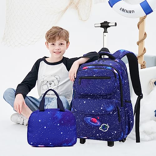 Egchescebo School Kids Rolling Backpack for Boys With Wheels 3PCS 18" Trolley Wheeled Backpacks Students Travel Bags Backpack With Lunch Box Pencil Bag (Non-Removable for More Durability) Blue