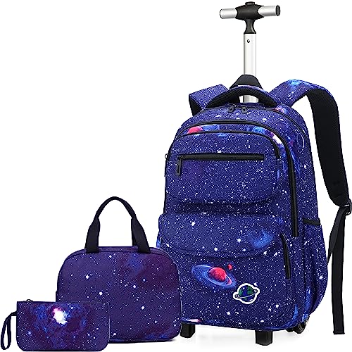 Egchescebo School Kids Rolling Backpack for Boys With Wheels 3PCS 18" Trolley Wheeled Backpacks Students Travel Bags Backpack With Lunch Box Pencil Bag (Non-Removable for More Durability) Blue