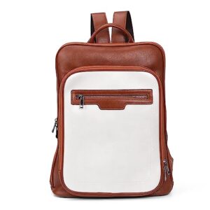 GUETES Leather Laptop Backpack, for Women and Men 15.6 inch Computer Backpack Travel Large Business Work College Daypack, Off White+ Brown