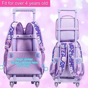 UFNDC 4PCS Rolling Backpack for Girls, Kids Cat Sequin Wheeled Bookbag ，Travel Roller School Bag with Wheels